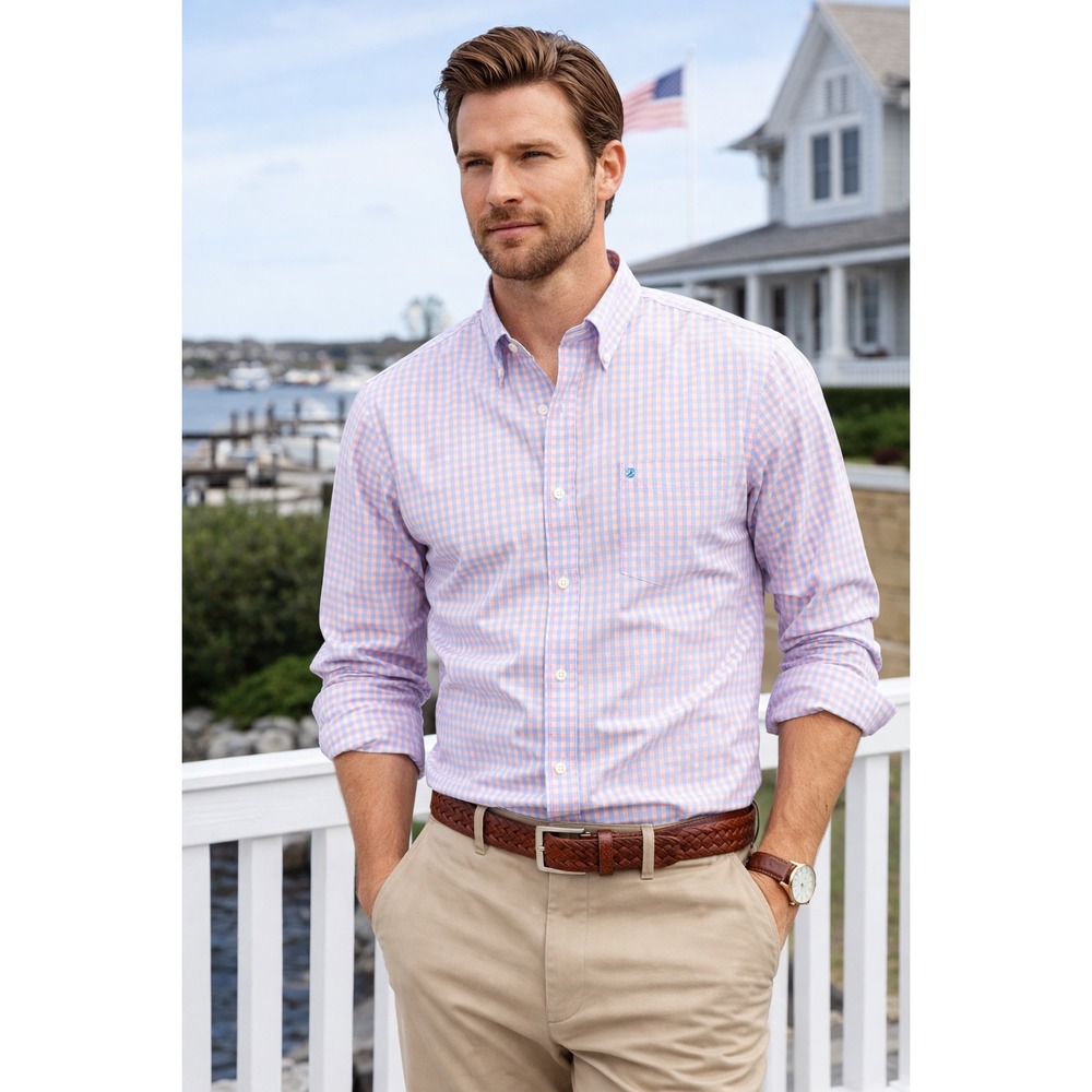 IZOD Mens Premium Essentials Gingham Button Down Shirt Pink Blue Spring Easter M